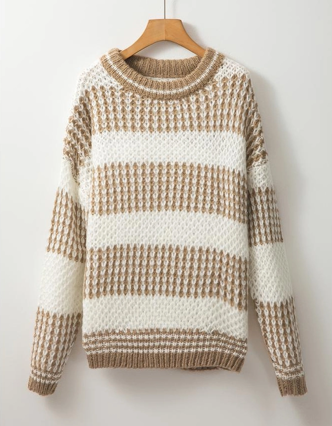 Brown Stripe Drop Shoulder Round Neck Loose Sweater