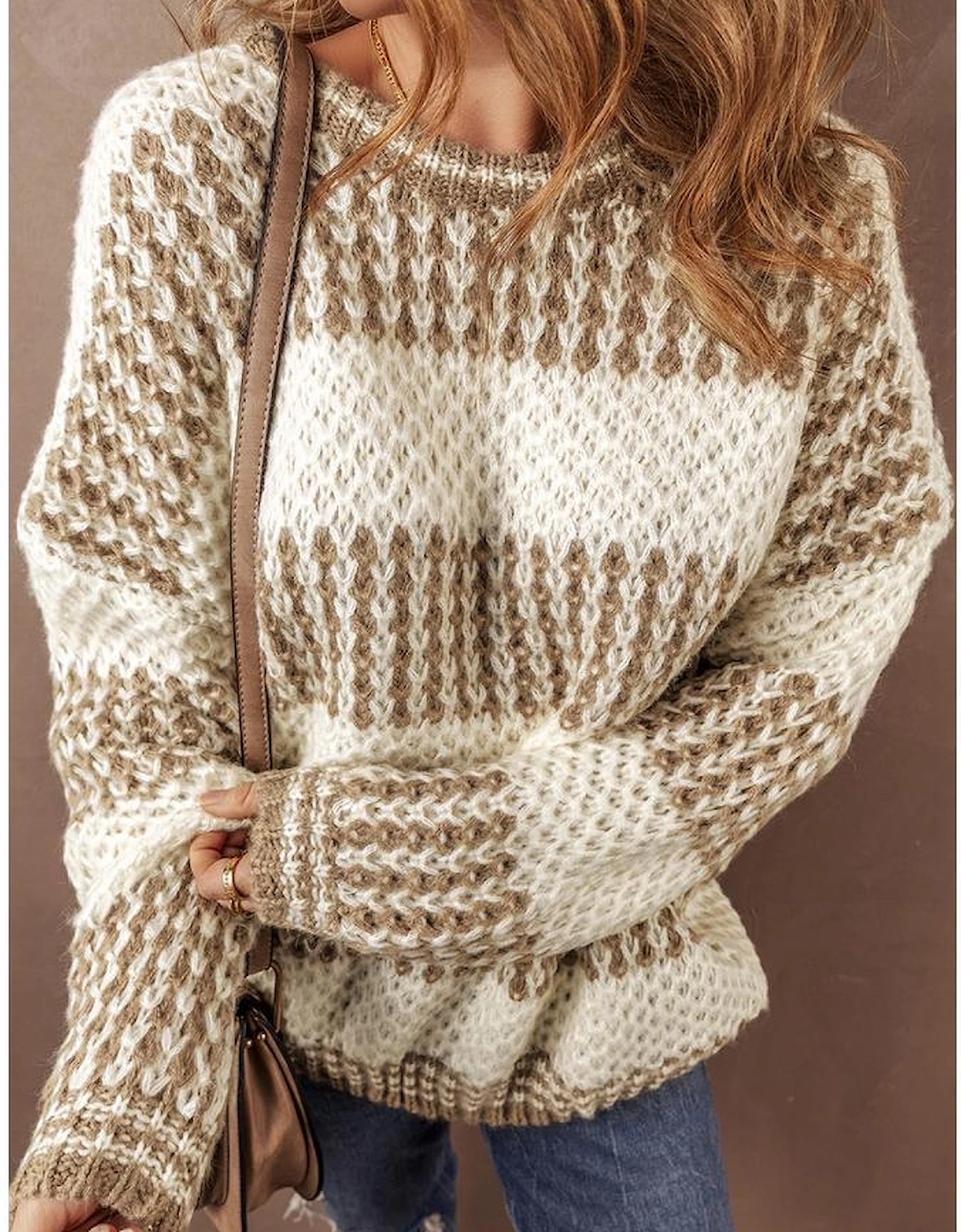 Brown Stripe Drop Shoulder Round Neck Loose Sweater
