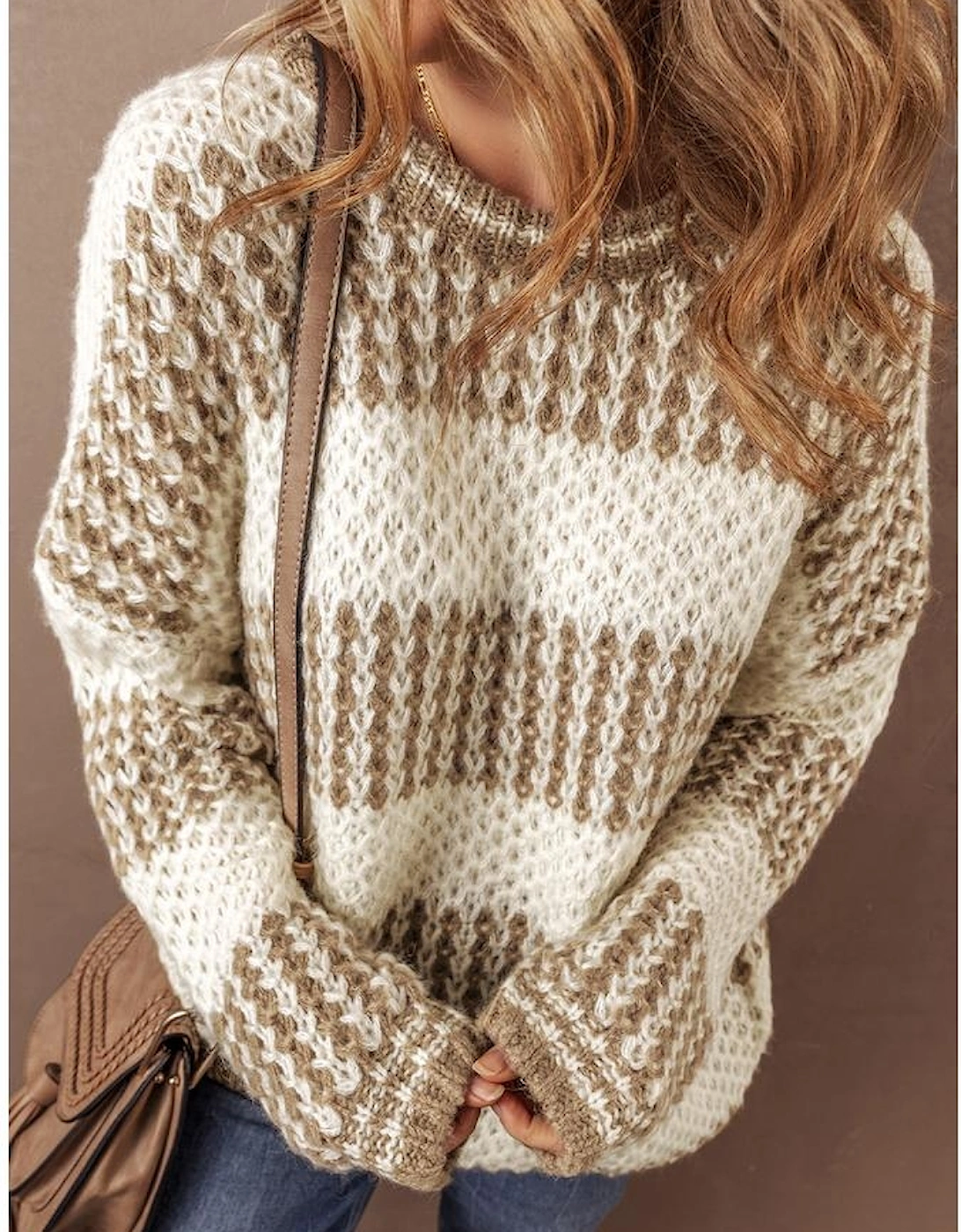 Brown Stripe Drop Shoulder Round Neck Loose Sweater