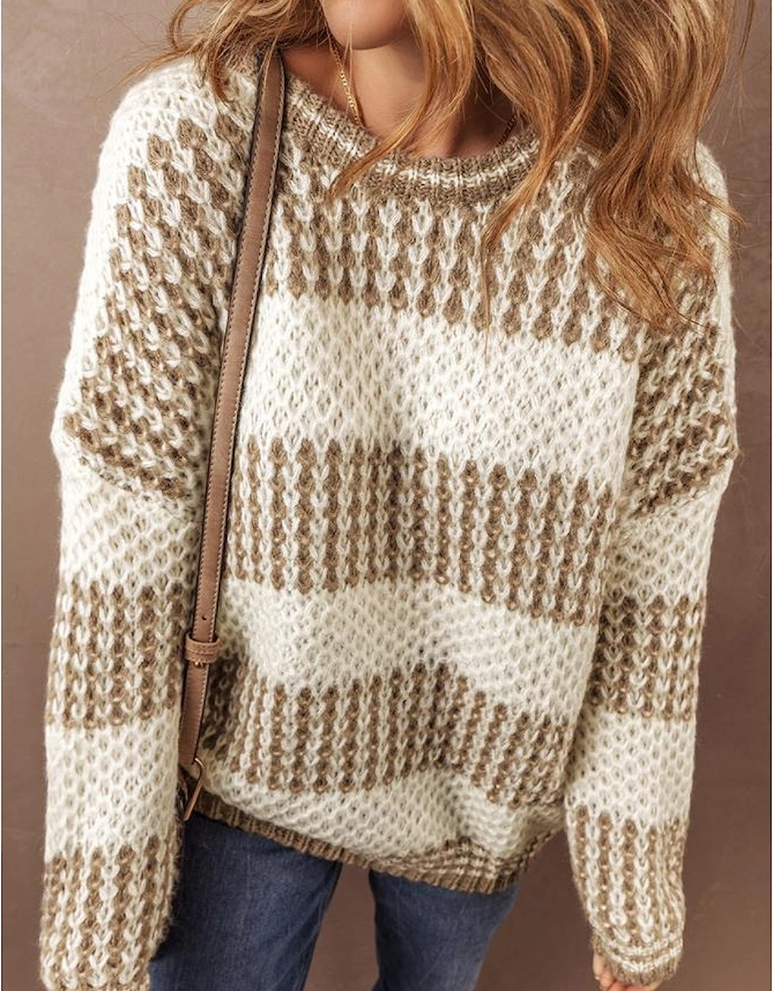 Brown Stripe Drop Shoulder Round Neck Loose Sweater