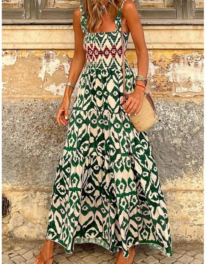 Green Western Aztec Shirred A-line Sleeveless Maxi Dress