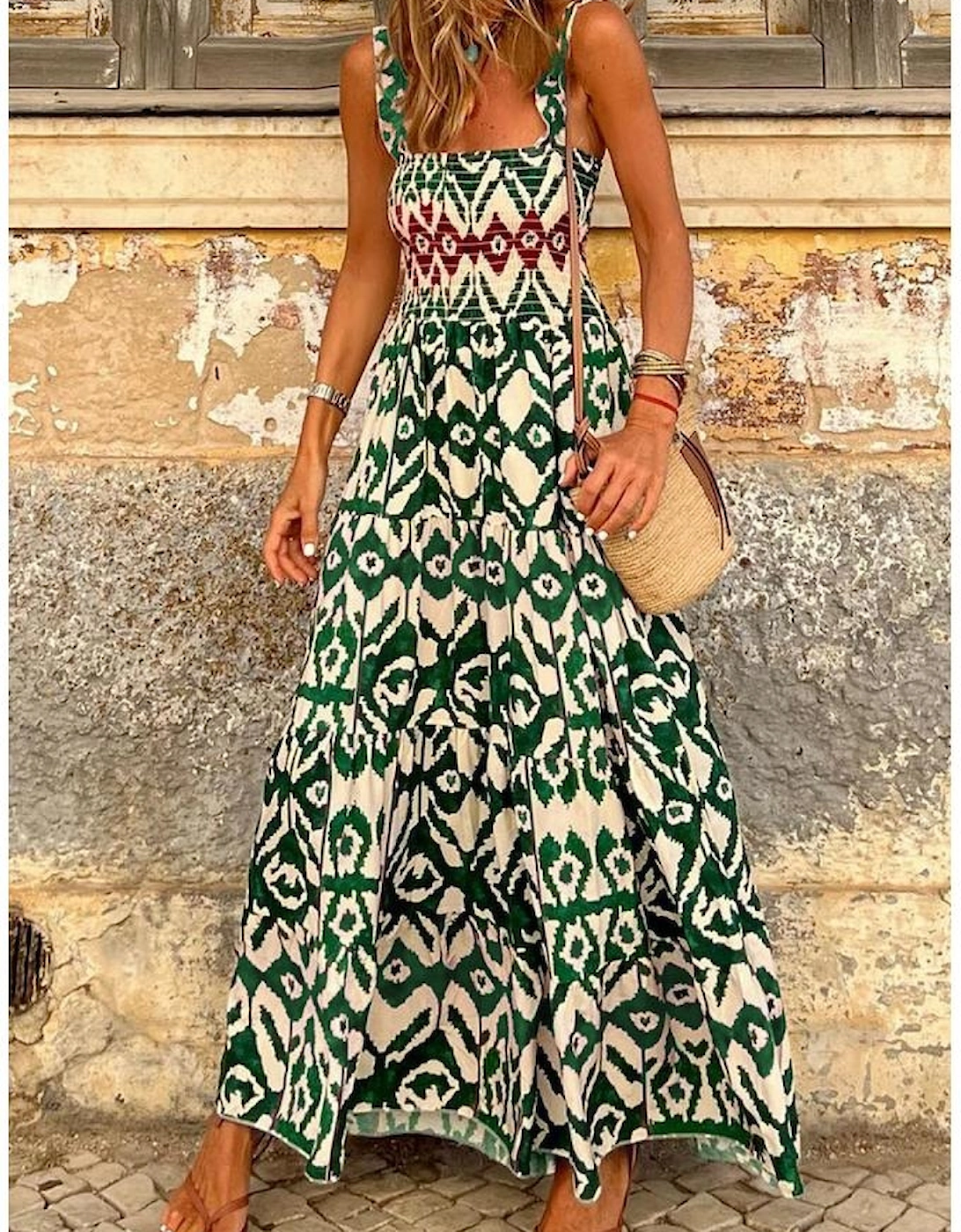 Green Western Aztec Shirred A-line Sleeveless Maxi Dress