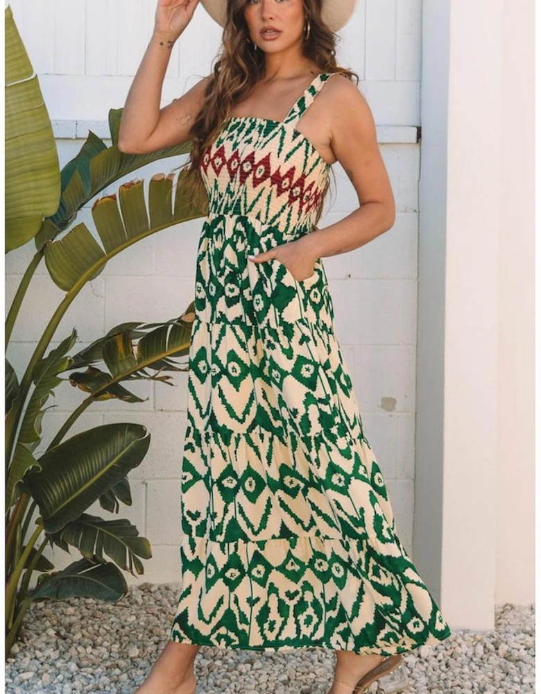 Green Western Aztec Shirred A-line Sleeveless Maxi Dress