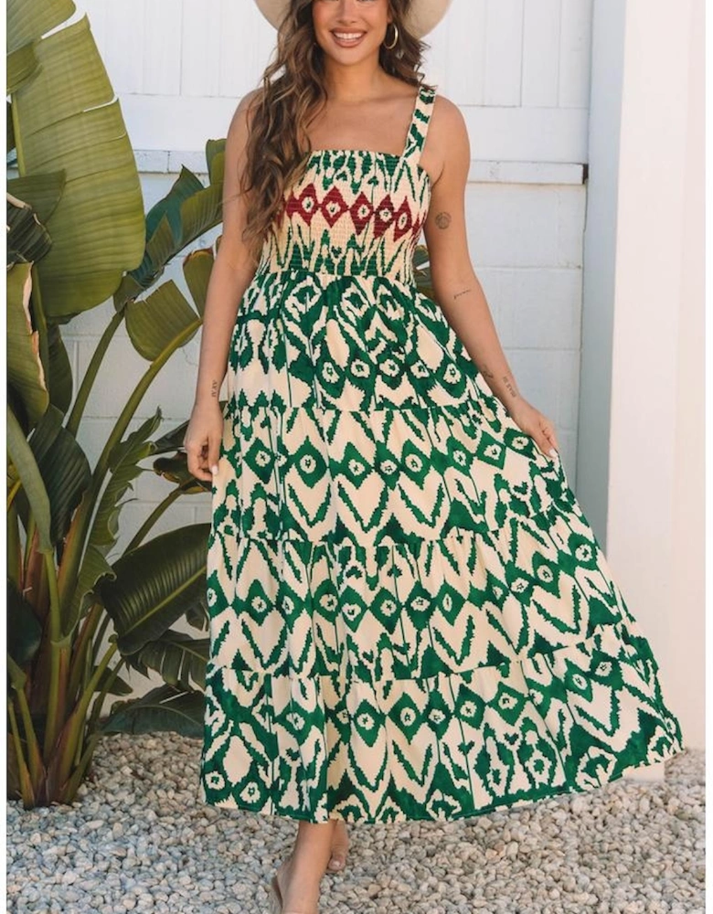 Green Western Aztec Shirred A-line Sleeveless Maxi Dress