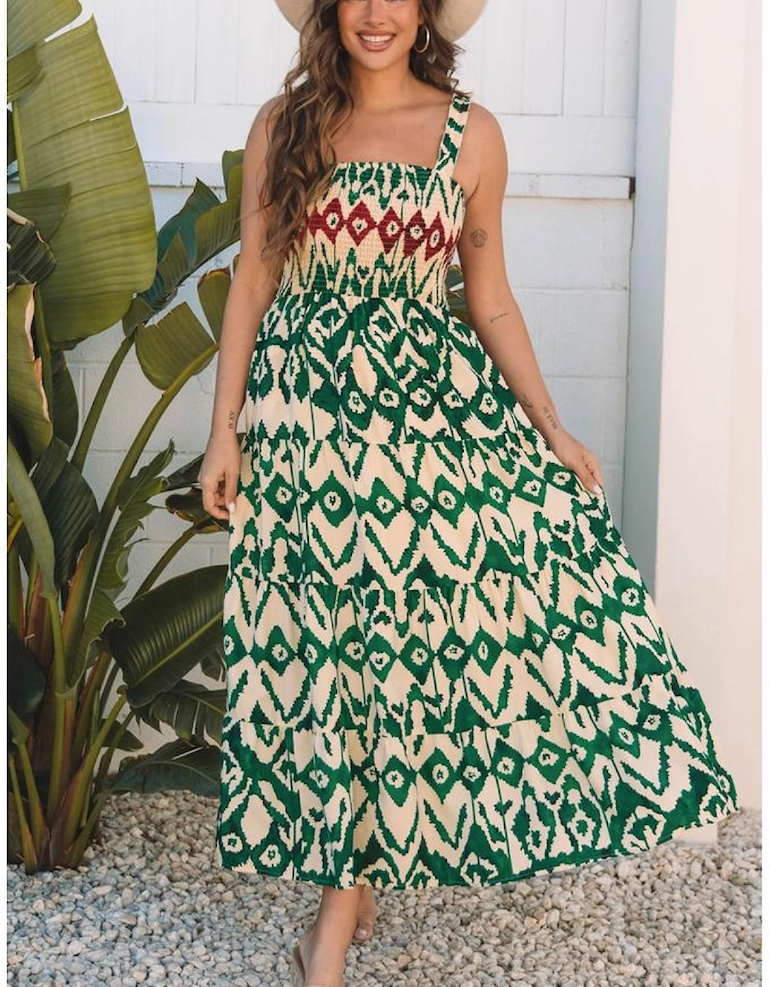 Green Western Aztec Shirred A-line Sleeveless Maxi Dress
