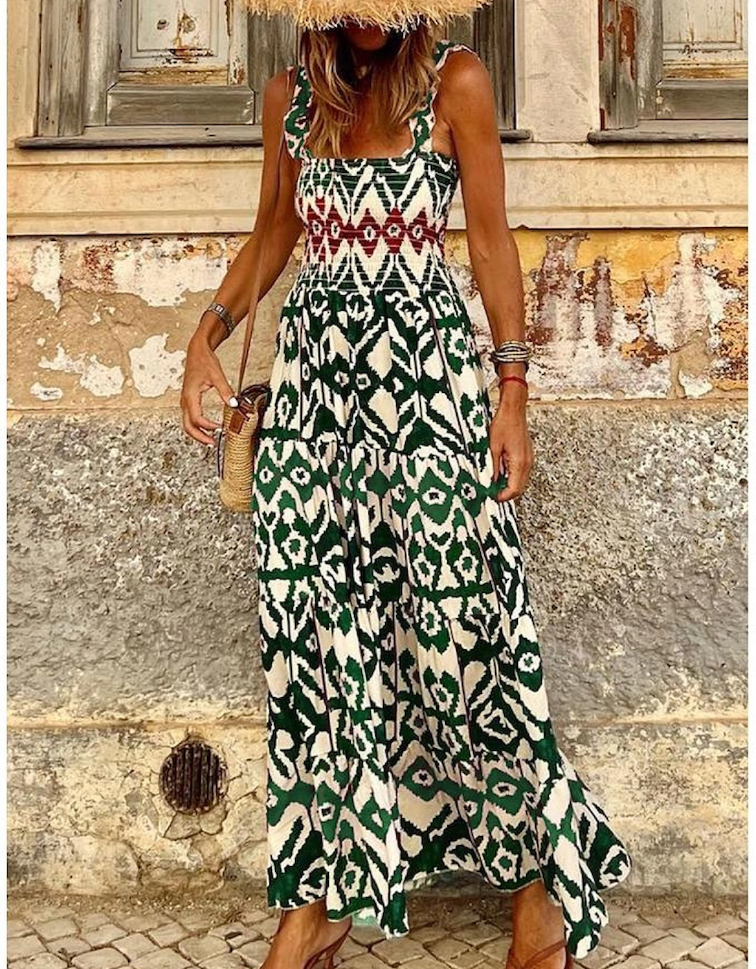 Green Western Aztec Shirred A-line Sleeveless Maxi Dress
