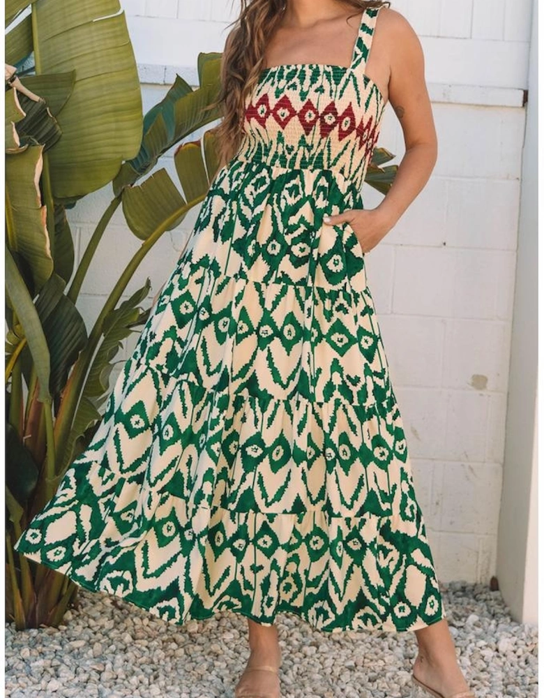 Green Western Aztec Shirred A-line Sleeveless Maxi Dress