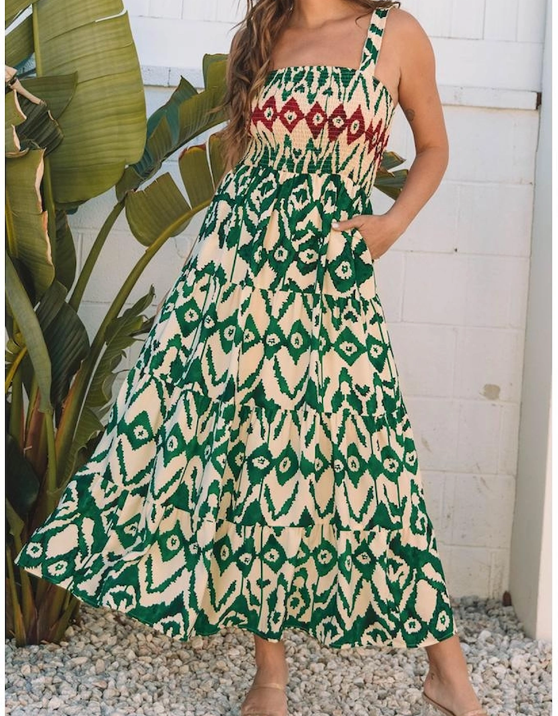 Green Western Aztec Shirred A-line Sleeveless Maxi Dress