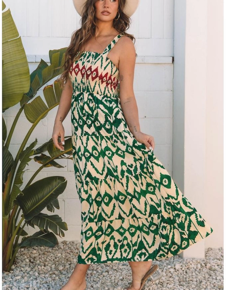 Green Western Aztec Shirred A-line Sleeveless Maxi Dress