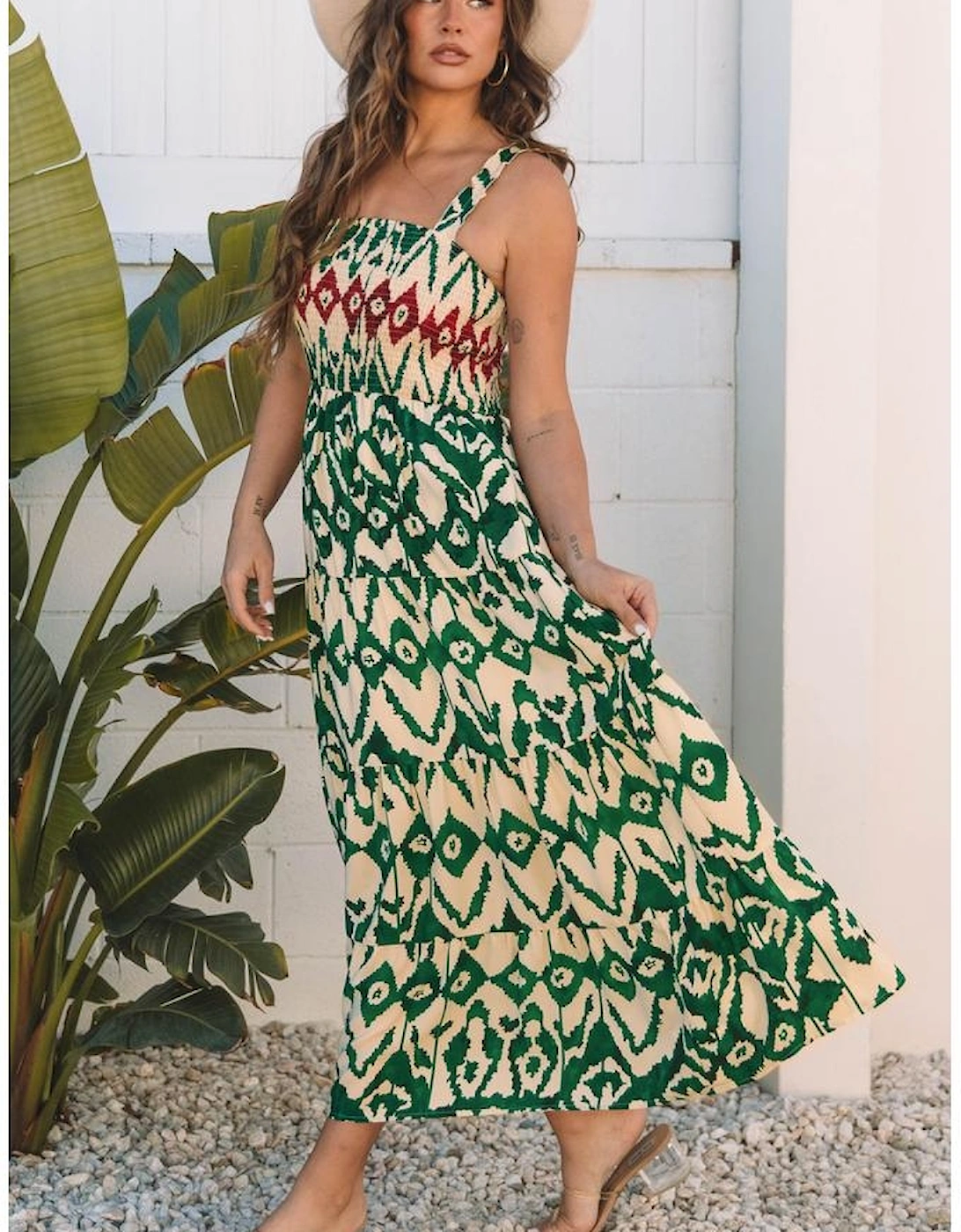 Green Western Aztec Shirred A-line Sleeveless Maxi Dress