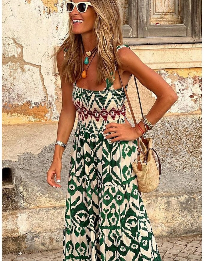 Green Western Aztec Shirred A-line Sleeveless Maxi Dress