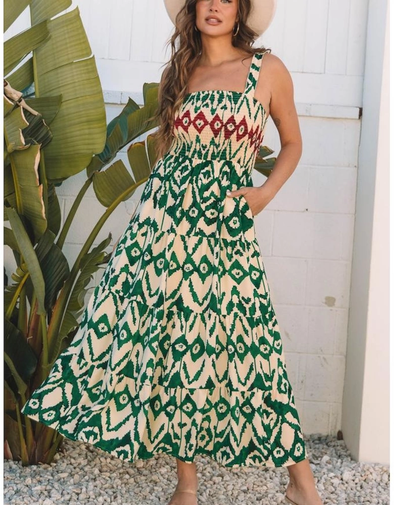 Green Western Aztec Shirred A-line Sleeveless Maxi Dress