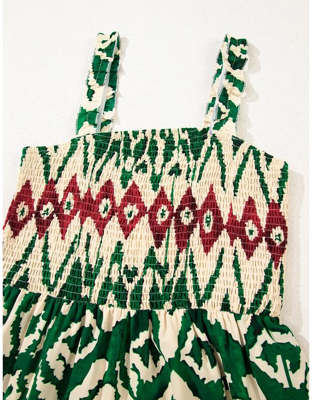 Green Western Aztec Shirred A-line Sleeveless Maxi Dress