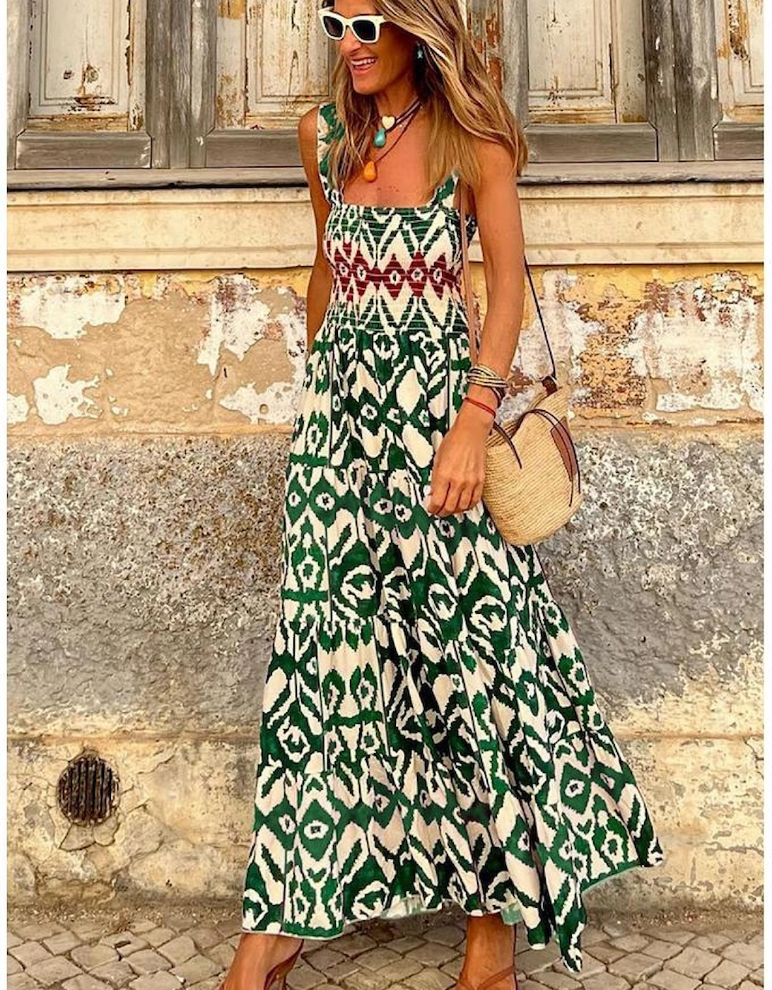 Green Western Aztec Shirred A-line Sleeveless Maxi Dress