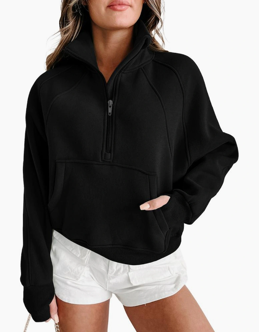 Black Zip Up Stand Collar Ribbed Thumbhole Sleeve Sweatshirt