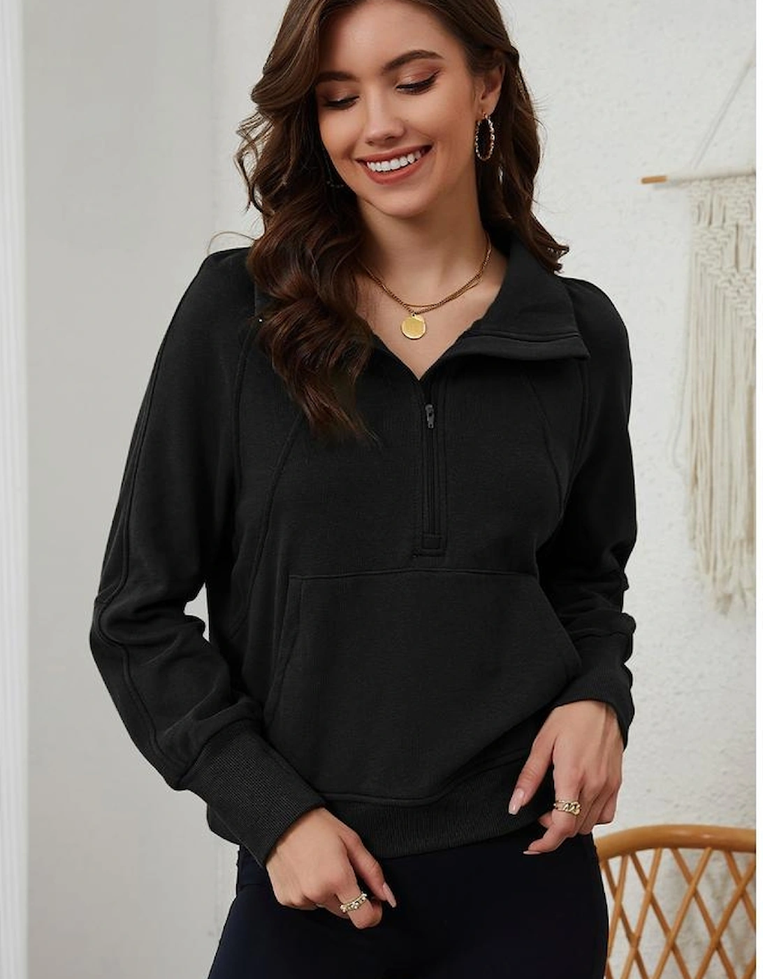 Black Zip Up Stand Collar Ribbed Thumbhole Sleeve Sweatshirt, 12 of 11