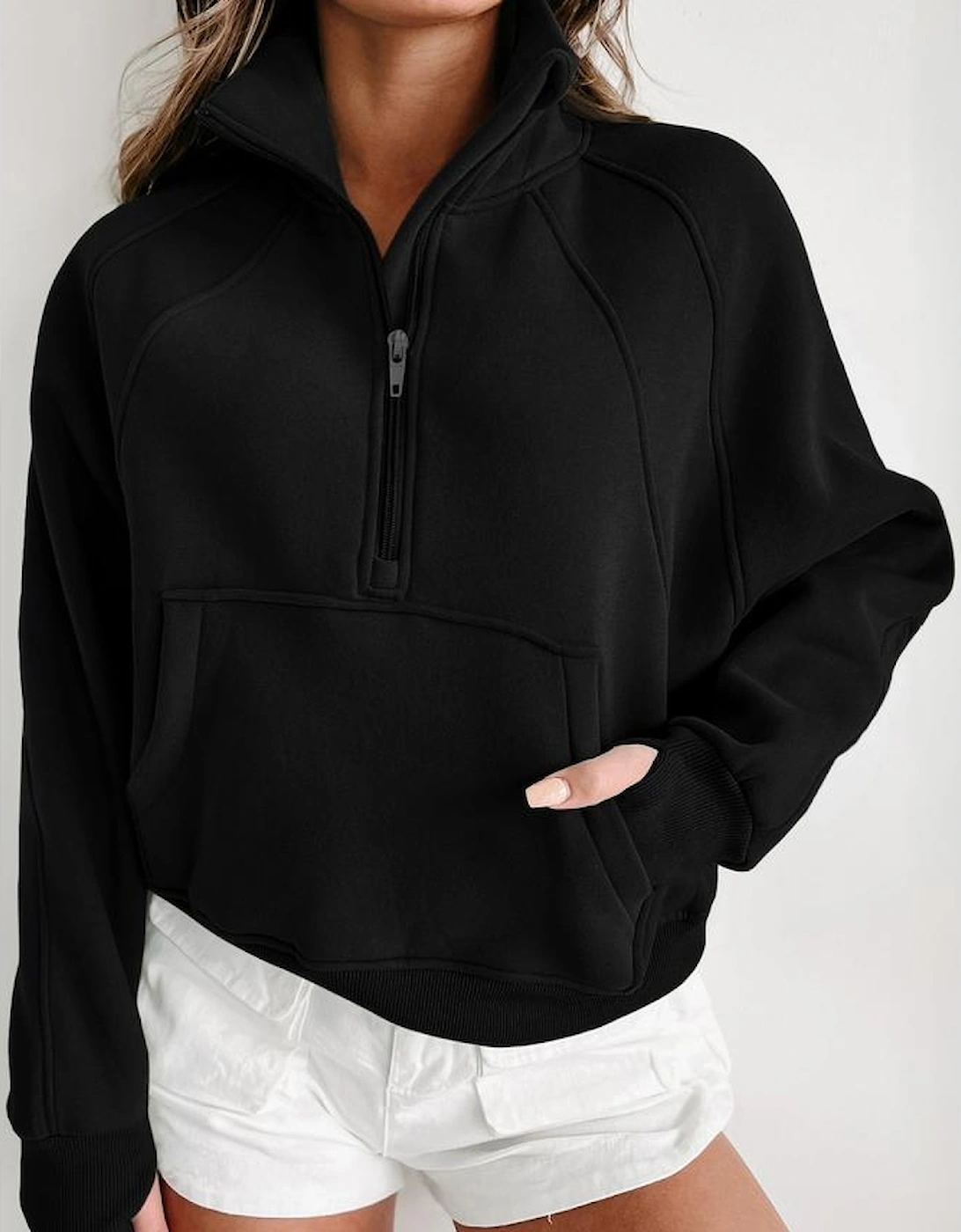 Black Zip Up Stand Collar Ribbed Thumbhole Sleeve Sweatshirt