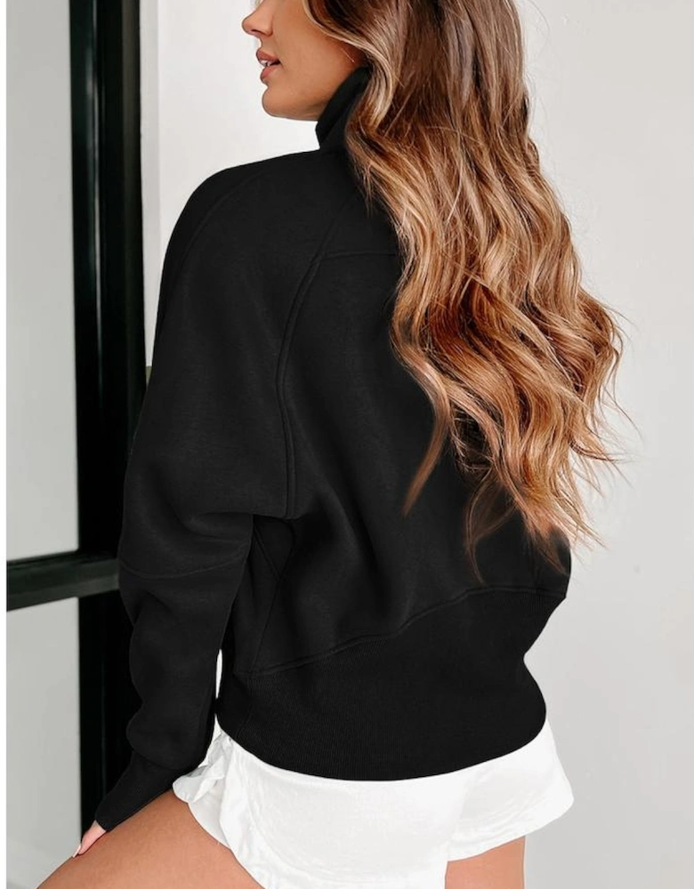 Black Zip Up Stand Collar Ribbed Thumbhole Sleeve Sweatshirt