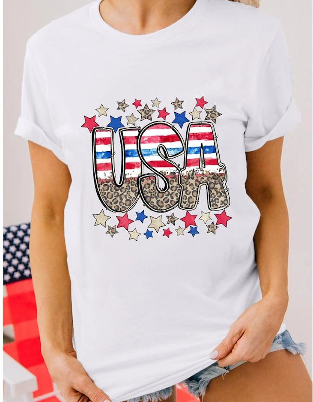 White Patriotic Star Leopard USA Letter Graphic T Shirt, 7 of 6