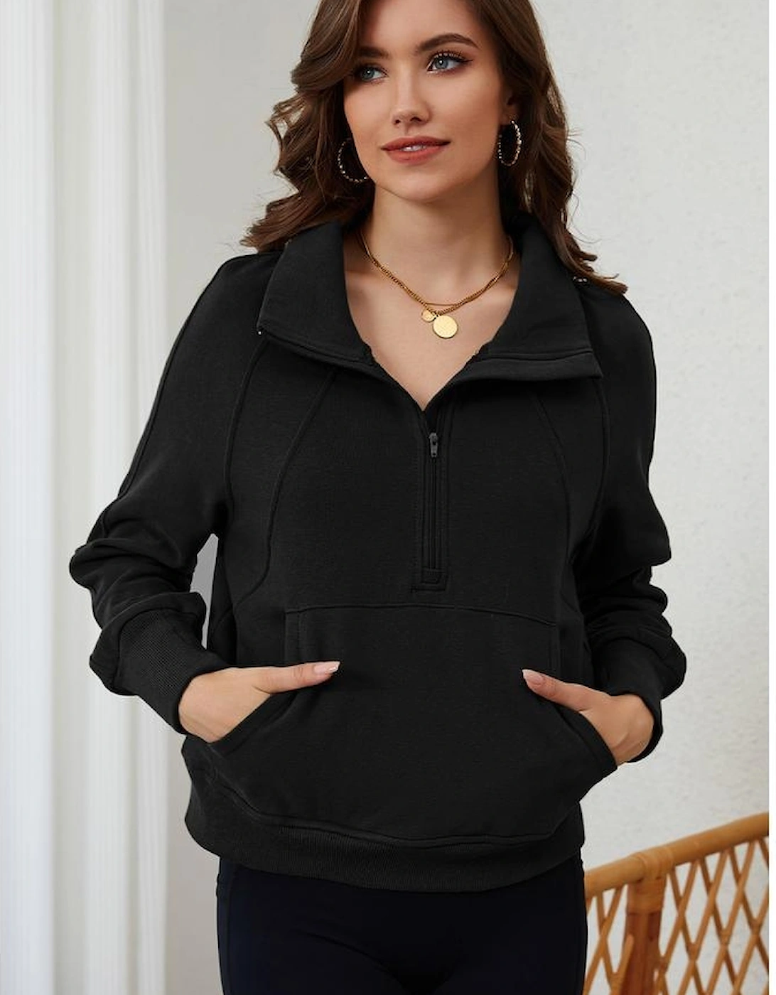 Black Zip Up Stand Collar Ribbed Thumbhole Sleeve Sweatshirt