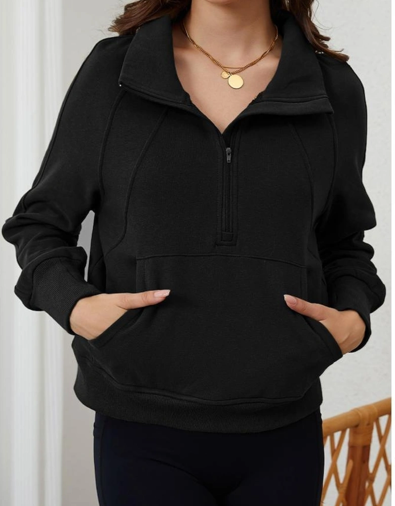 Black Zip Up Stand Collar Ribbed Thumbhole Sleeve Sweatshirt