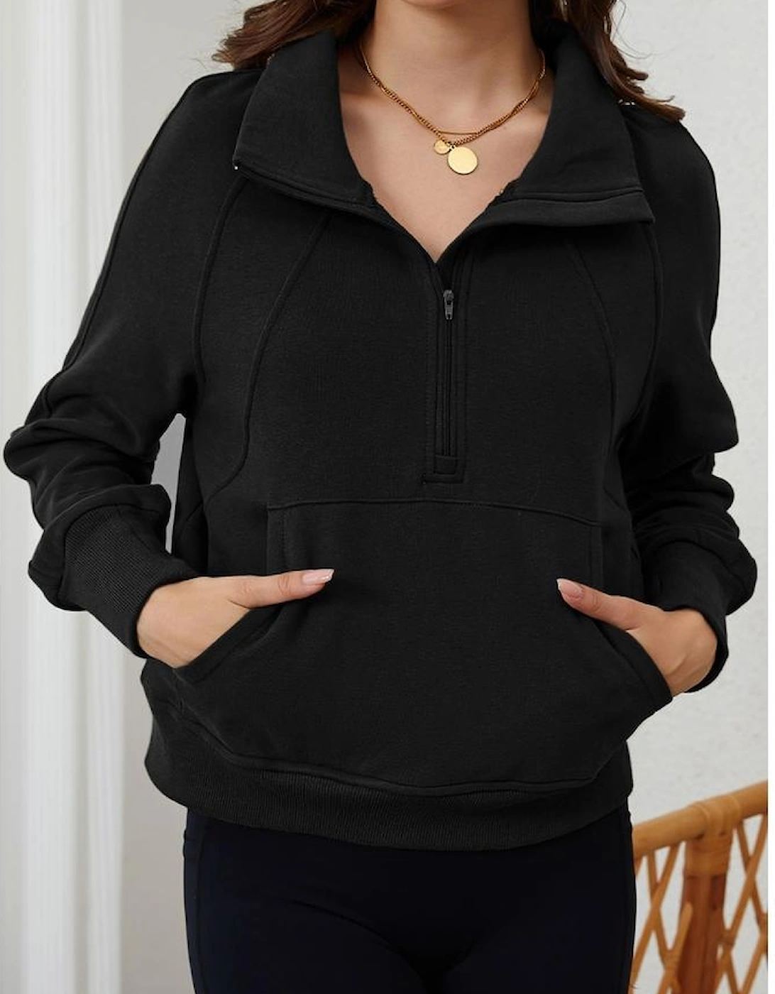 Black Zip Up Stand Collar Ribbed Thumbhole Sleeve Sweatshirt