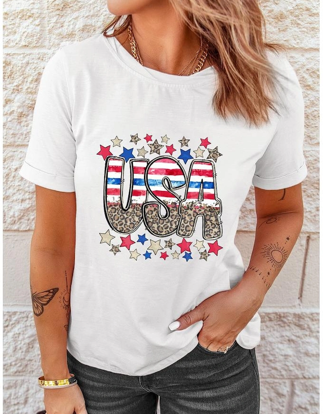 White Patriotic Star Leopard USA Letter Graphic T Shirt