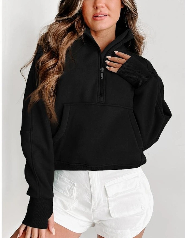 Black Zip Up Stand Collar Ribbed Thumbhole Sleeve Sweatshirt