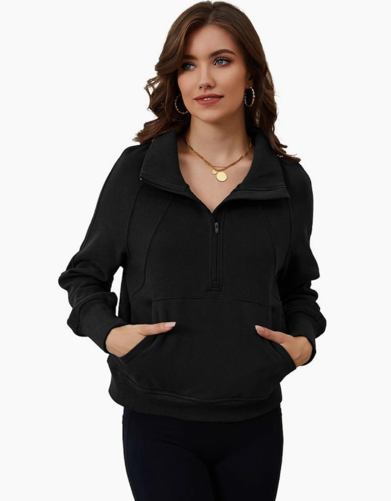 Black Zip Up Stand Collar Ribbed Thumbhole Sleeve Sweatshirt