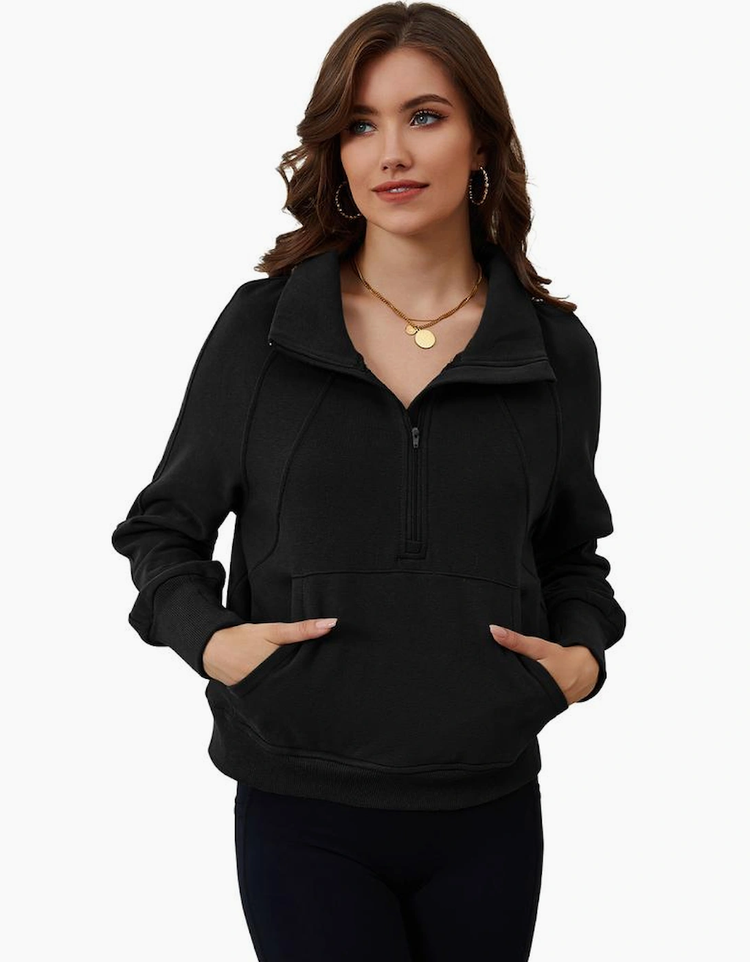 Black Zip Up Stand Collar Ribbed Thumbhole Sleeve Sweatshirt