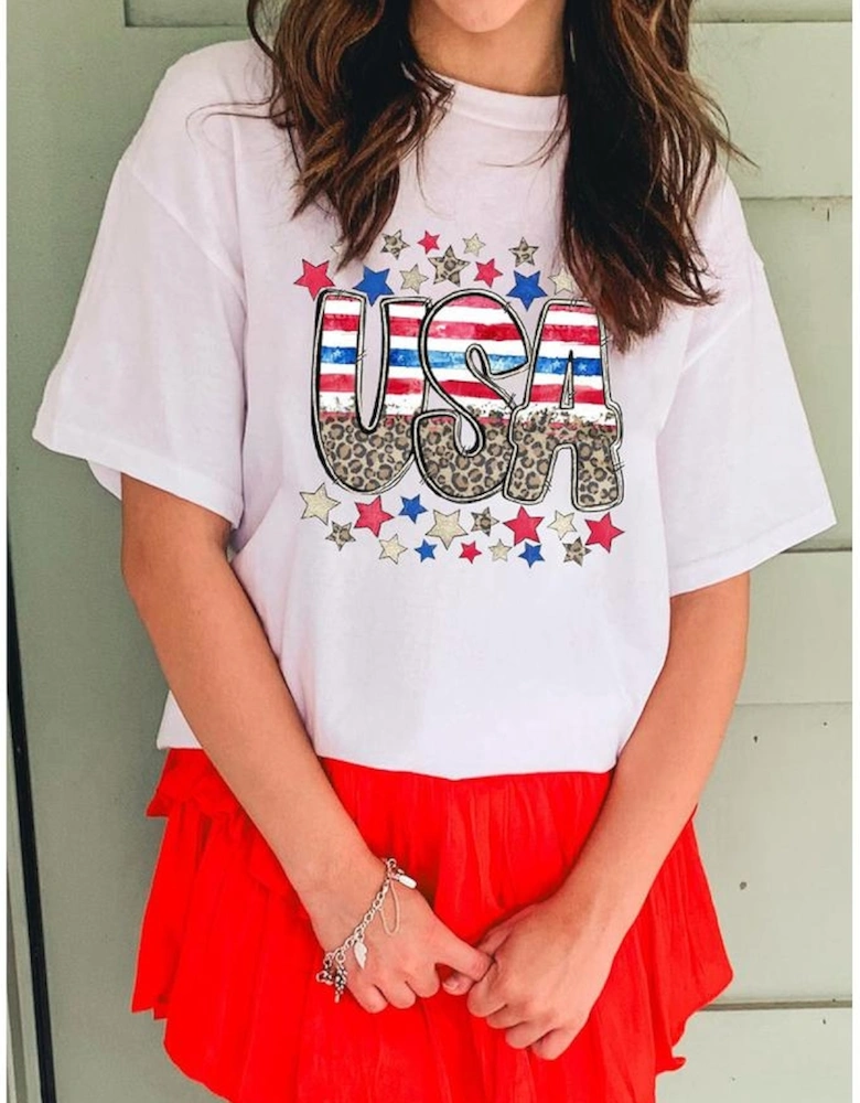 White Patriotic Star Leopard USA Letter Graphic T Shirt