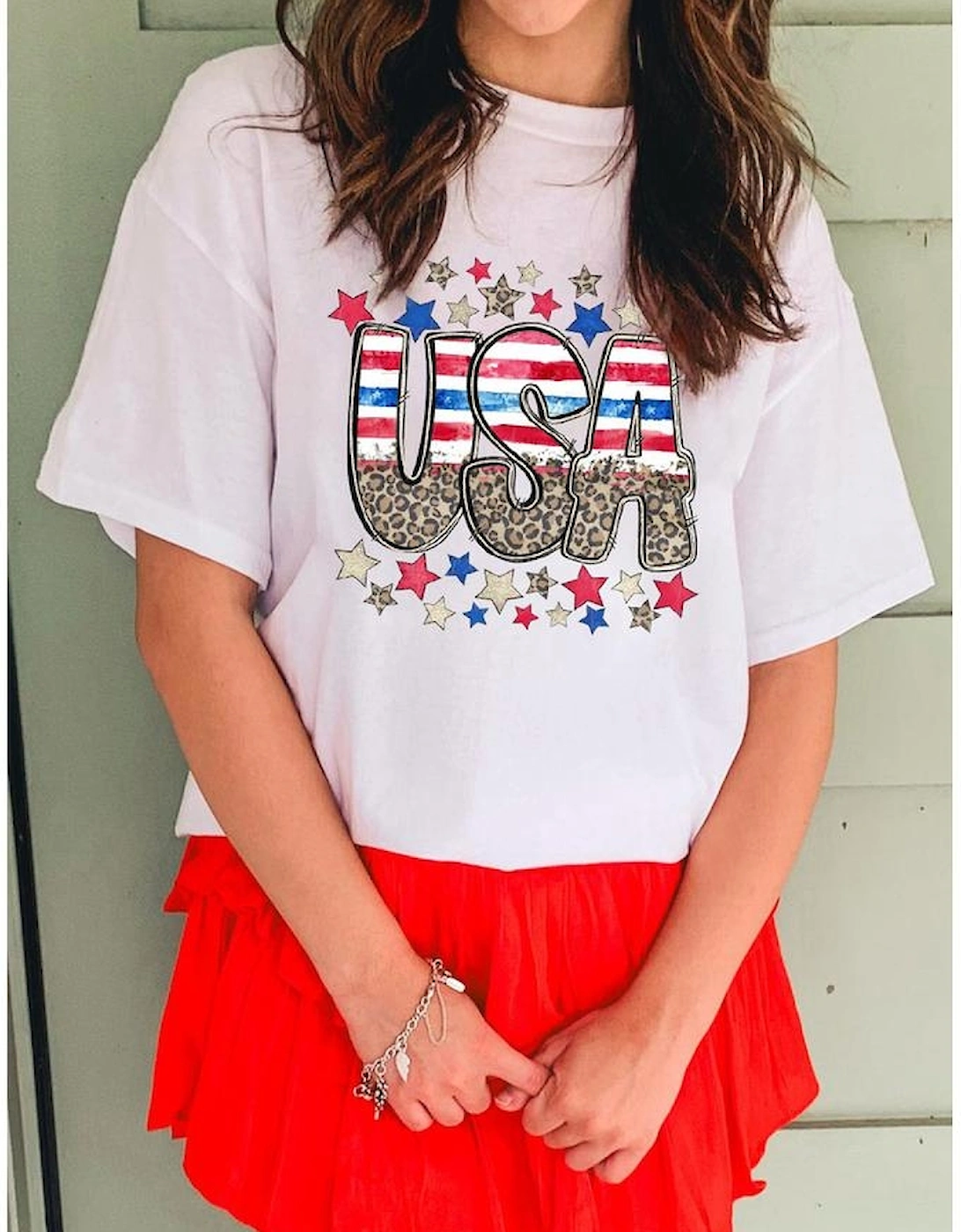 White Patriotic Star Leopard USA Letter Graphic T Shirt