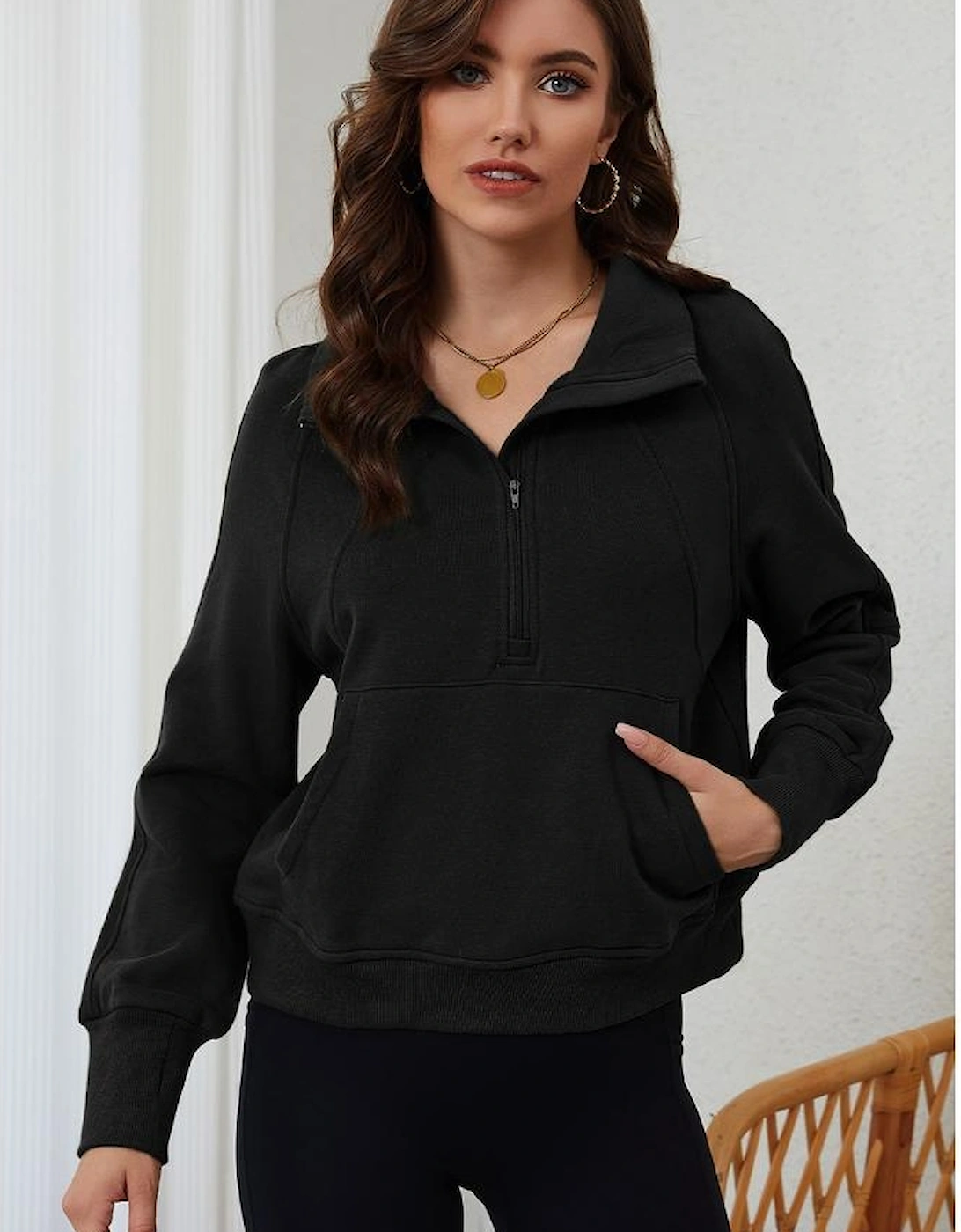 Black Zip Up Stand Collar Ribbed Thumbhole Sleeve Sweatshirt