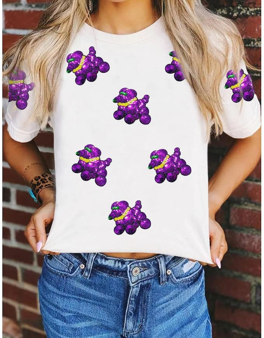 White Sequin Balloon Puppy Graphic Mardi Gras Tee