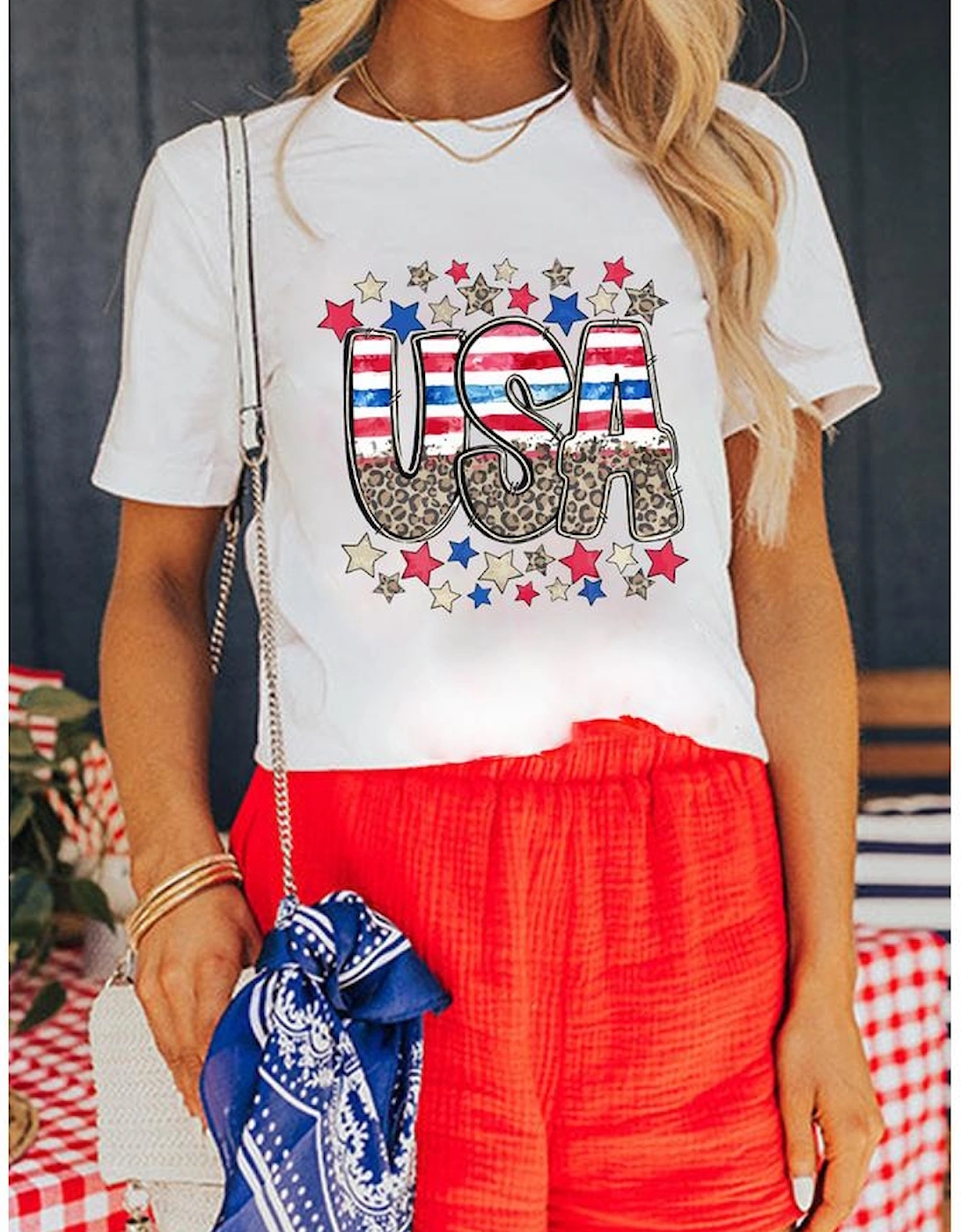 White Patriotic Star Leopard USA Letter Graphic T Shirt