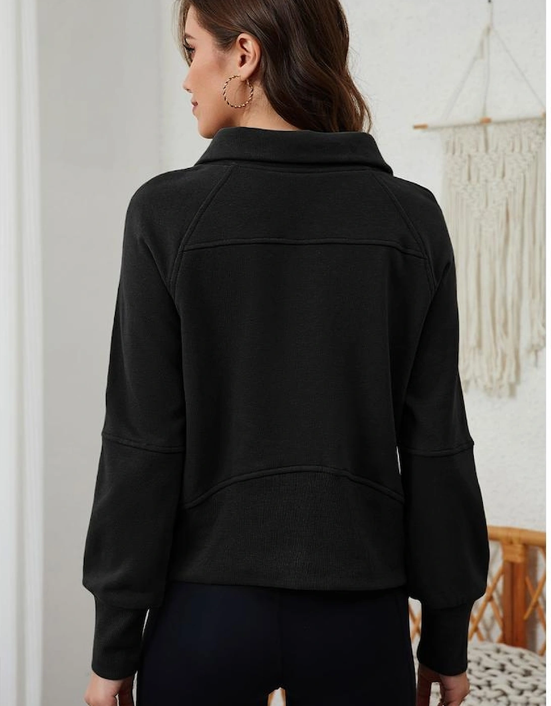 Black Zip Up Stand Collar Ribbed Thumbhole Sleeve Sweatshirt