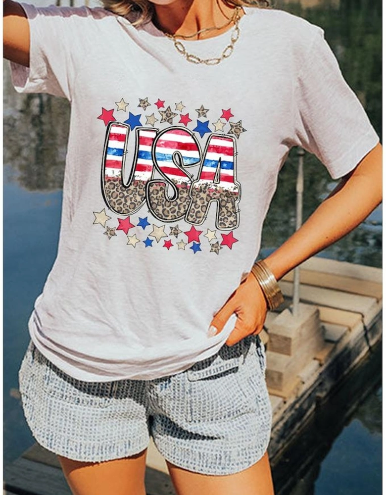 White Patriotic Star Leopard USA Letter Graphic T Shirt
