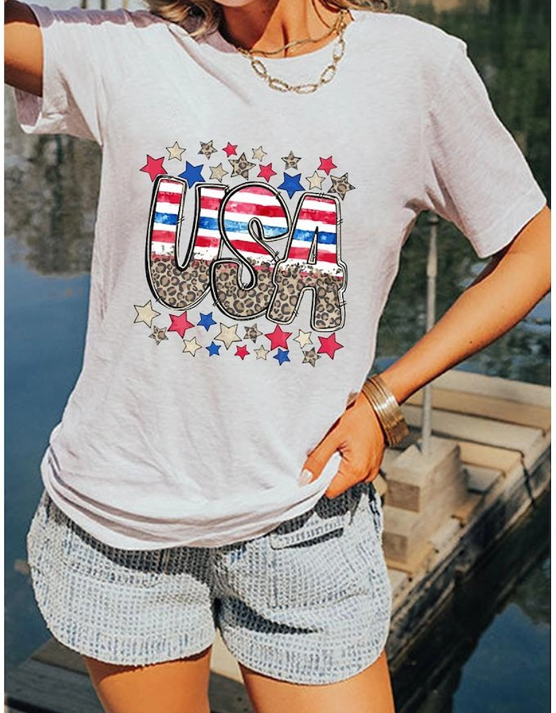 White Patriotic Star Leopard USA Letter Graphic T Shirt