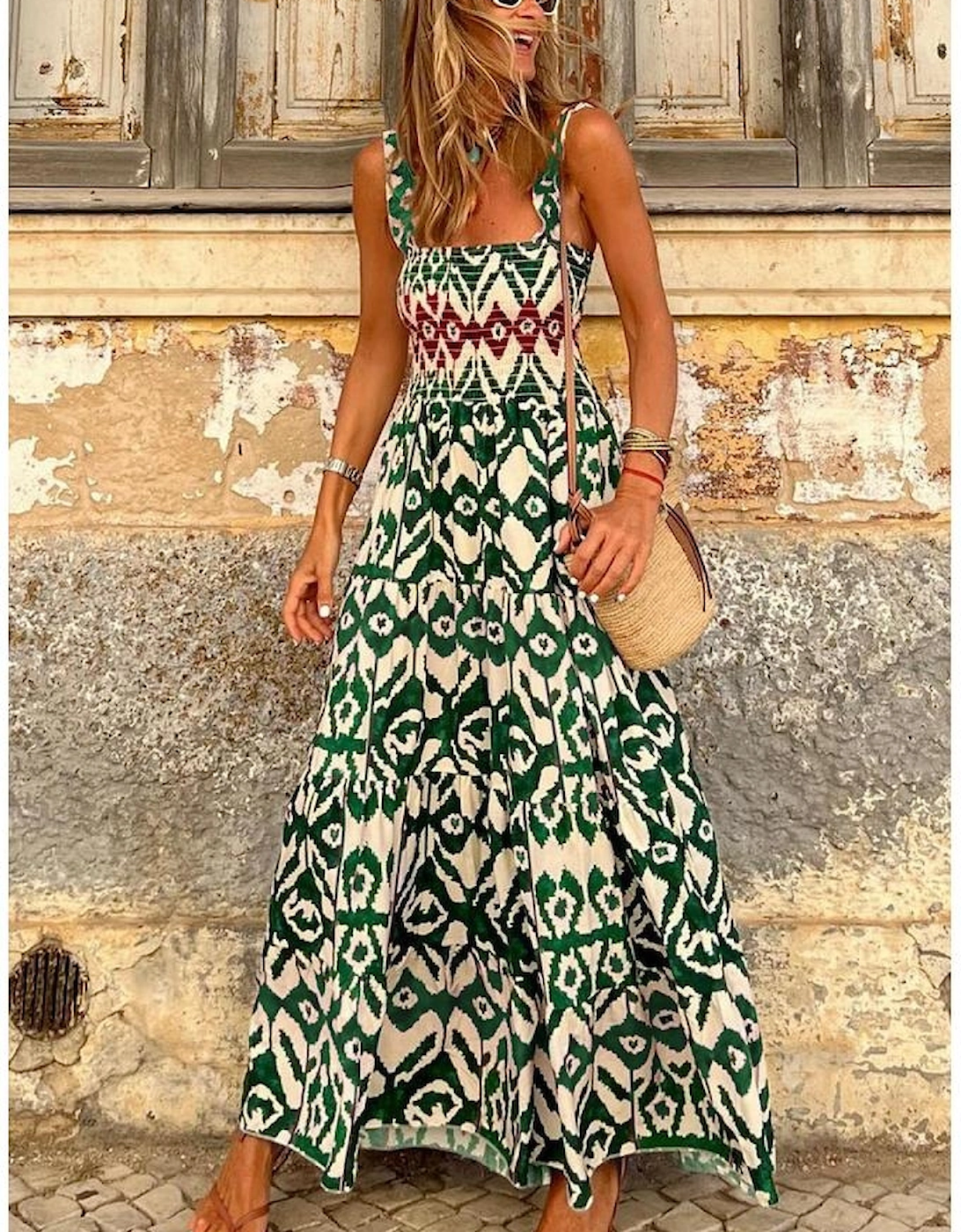 Green Western Aztec Shirred A-line Sleeveless Maxi Dress