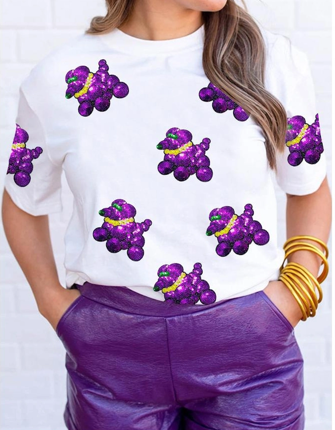 White Sequin Balloon Puppy Graphic Mardi Gras Tee