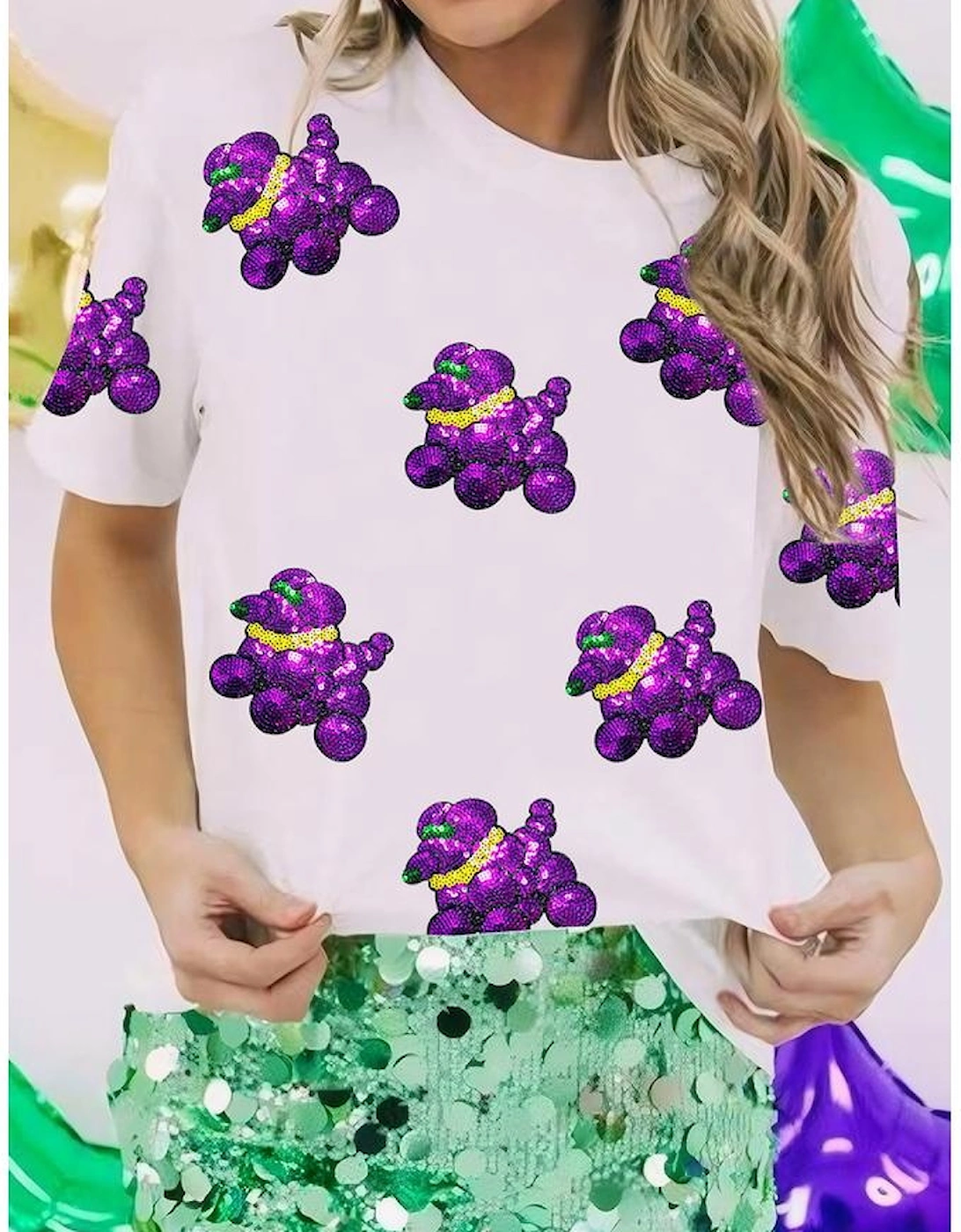 White Sequin Balloon Puppy Graphic Mardi Gras Tee