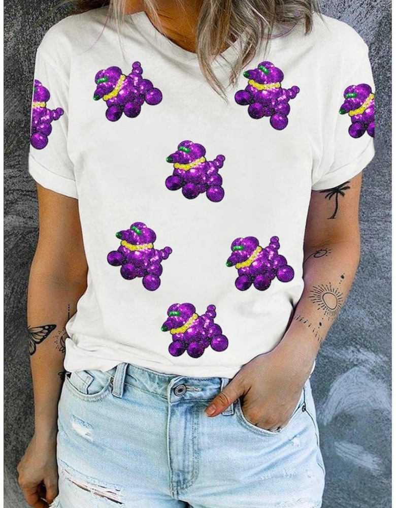 White Sequin Balloon Puppy Graphic Mardi Gras Tee
