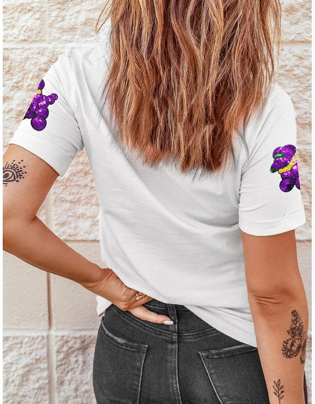 White Sequin Balloon Puppy Graphic Mardi Gras Tee