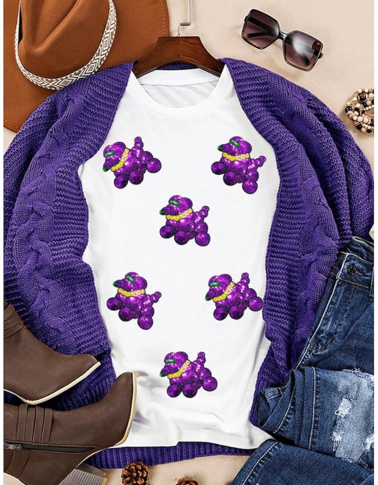 White Sequin Balloon Puppy Graphic Mardi Gras Tee