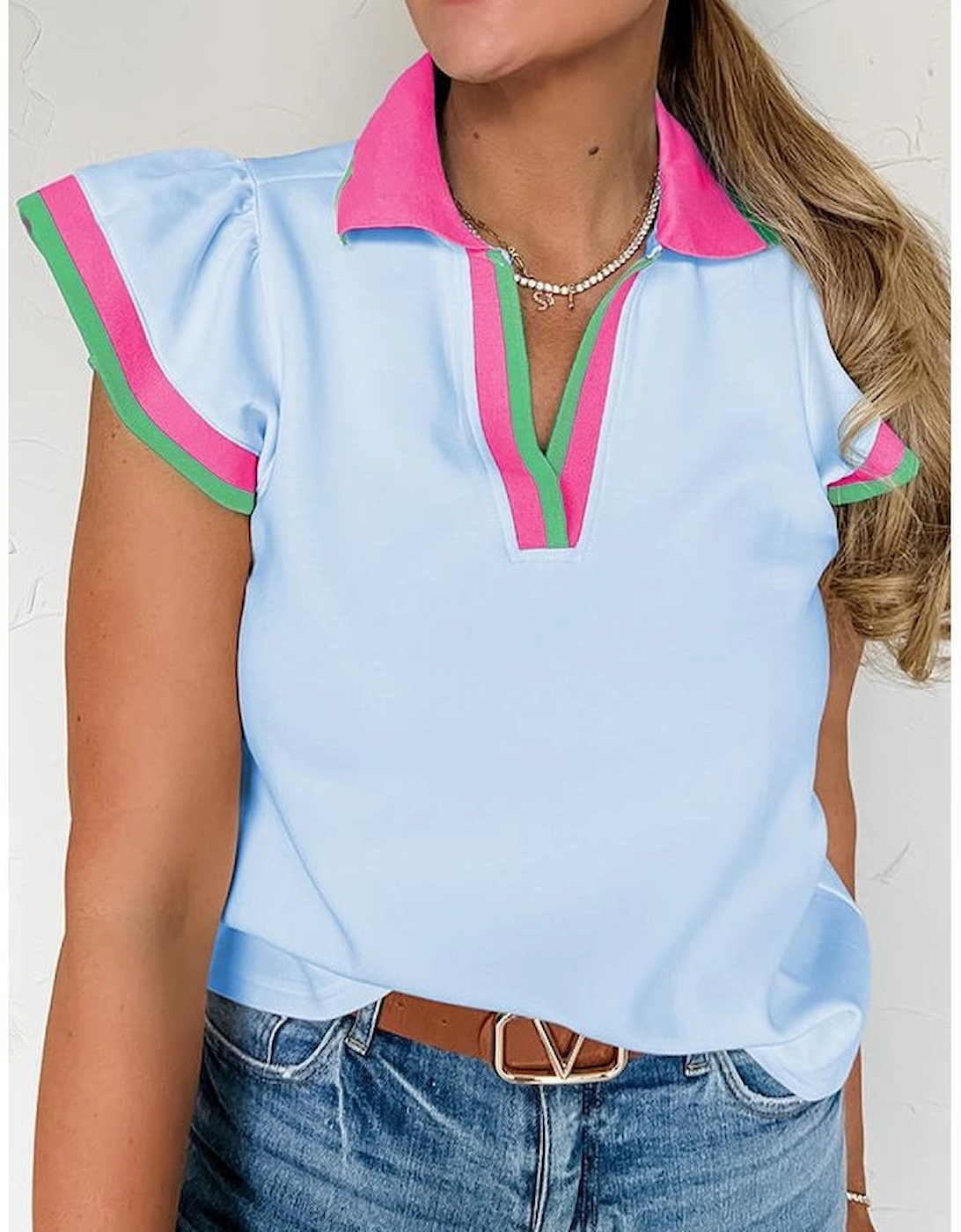 Beau Blue Color Contrast Ruffled Sleeve Collared V Neck Blouse