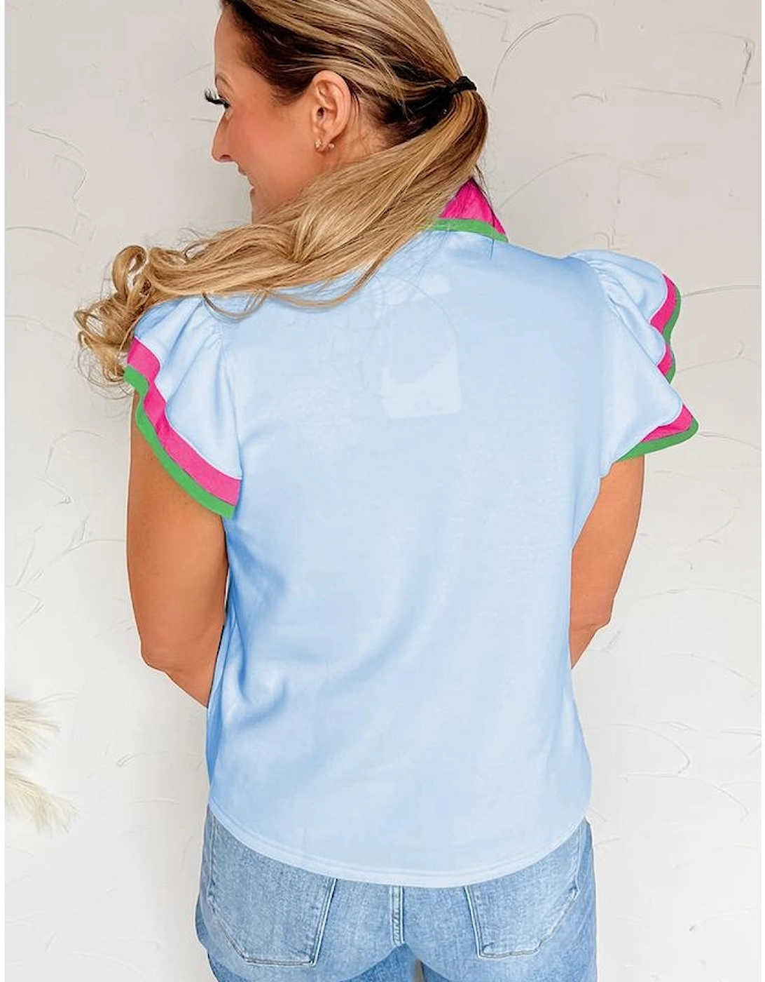 Beau Blue Color Contrast Ruffled Sleeve Collared V Neck Blouse, 5 of 4