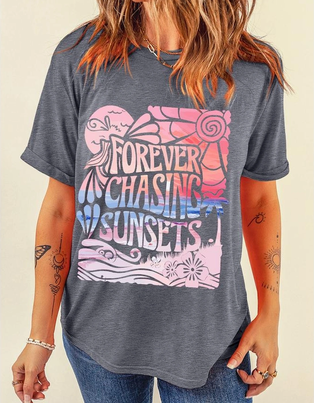 Gray FOREVER CHASING SUNSETS Graphic Summer T Shirt