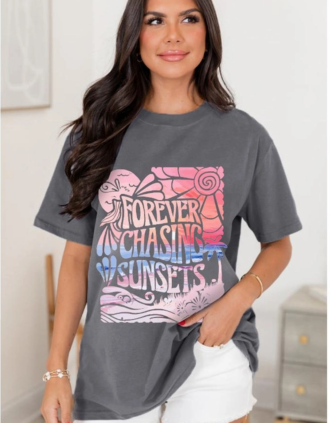 Gray FOREVER CHASING SUNSETS Graphic Summer T Shirt