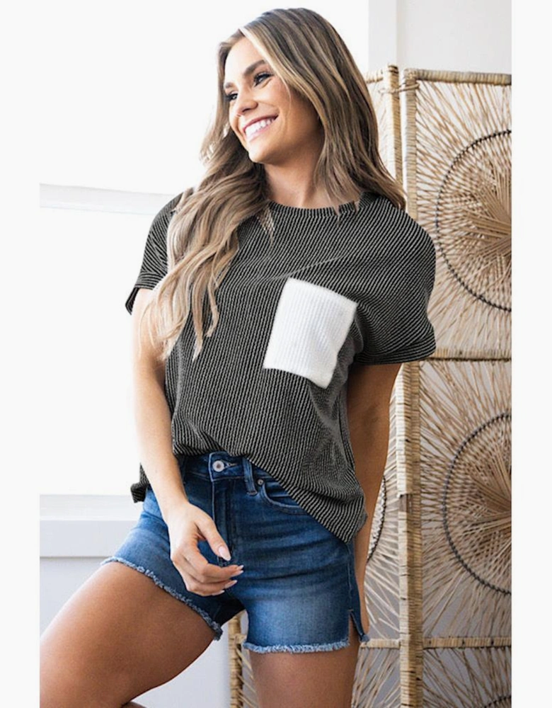 Carbon Grey Corded Knit Color Block Pocketed Crew Neck T Shirt