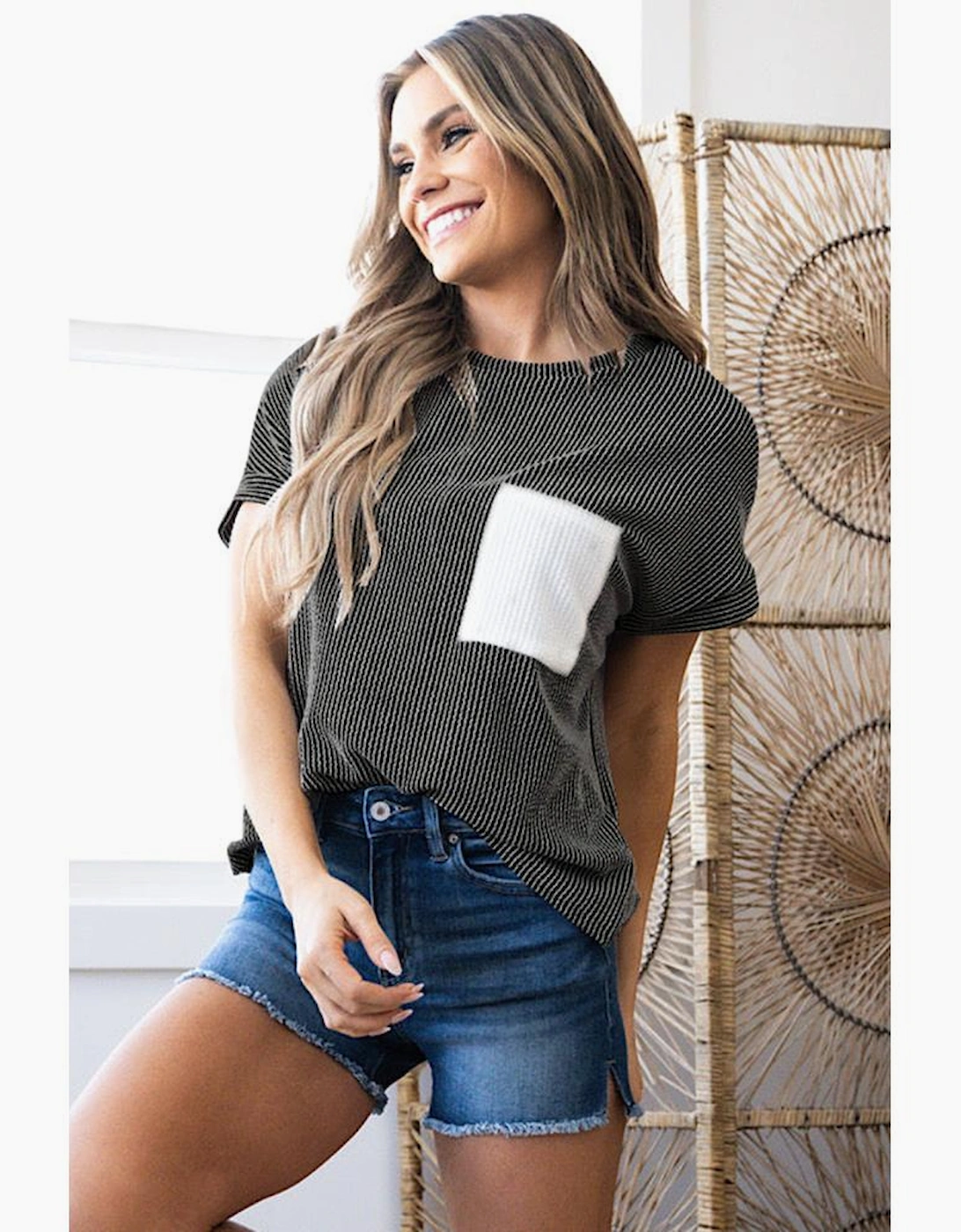 Carbon Grey Corded Knit Color Block Pocketed Crew Neck T Shirt